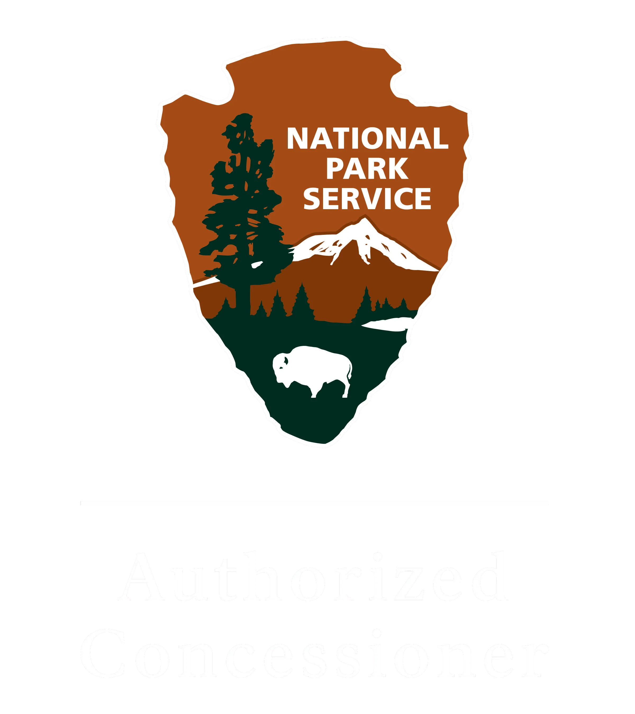 National Park Service emblem with tree, mountain, bison, and text 'Authorized Concessioner' below.