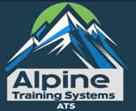 Logo with stylized blue and white mountain peaks and green semicircle above text Alpine Training Systems ATS.