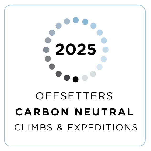 Logo with 2025 inside a circle of grey and blue dots and text offsetters carbon neutral climbs and expeditions.