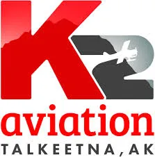 K2 Aviation logo with a stylized red K, gray 2, airplane silhouette, and text Talketna, AK.