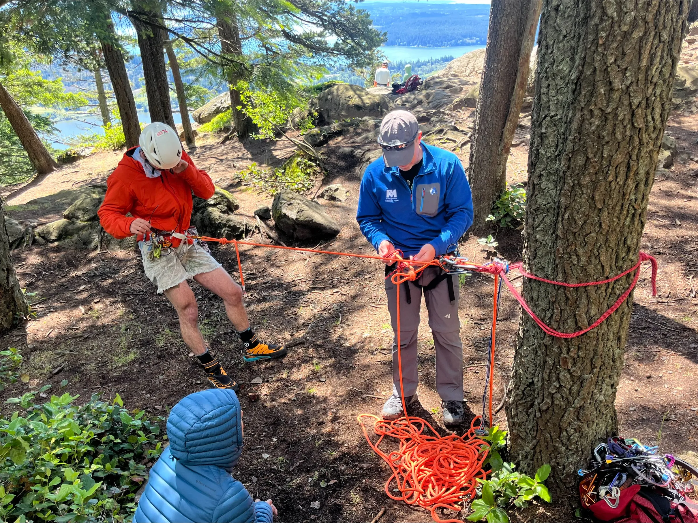Three people set up climbing gear with ropes and carabiners on a forested hillside under sunlight.